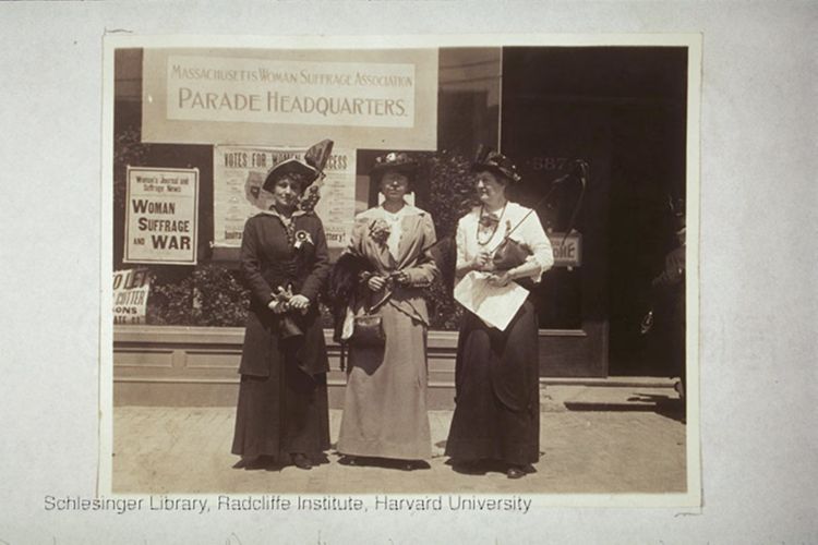 Three women outside the MA Woman Suffrage Assocation, 1914.