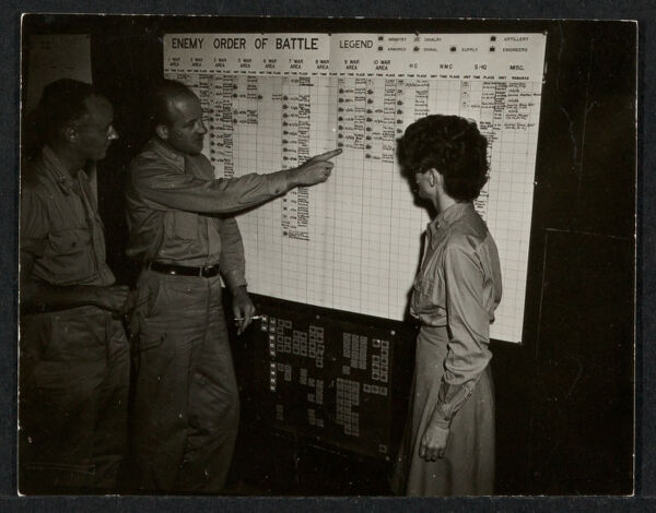 Paul Child with OSS and WAC officers discussing a battle chart while in India