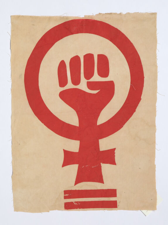 Silkscreen protesting unequal access of women to Harvard. Red woman symbol with fist and equal sign worn at Harvard commencement.