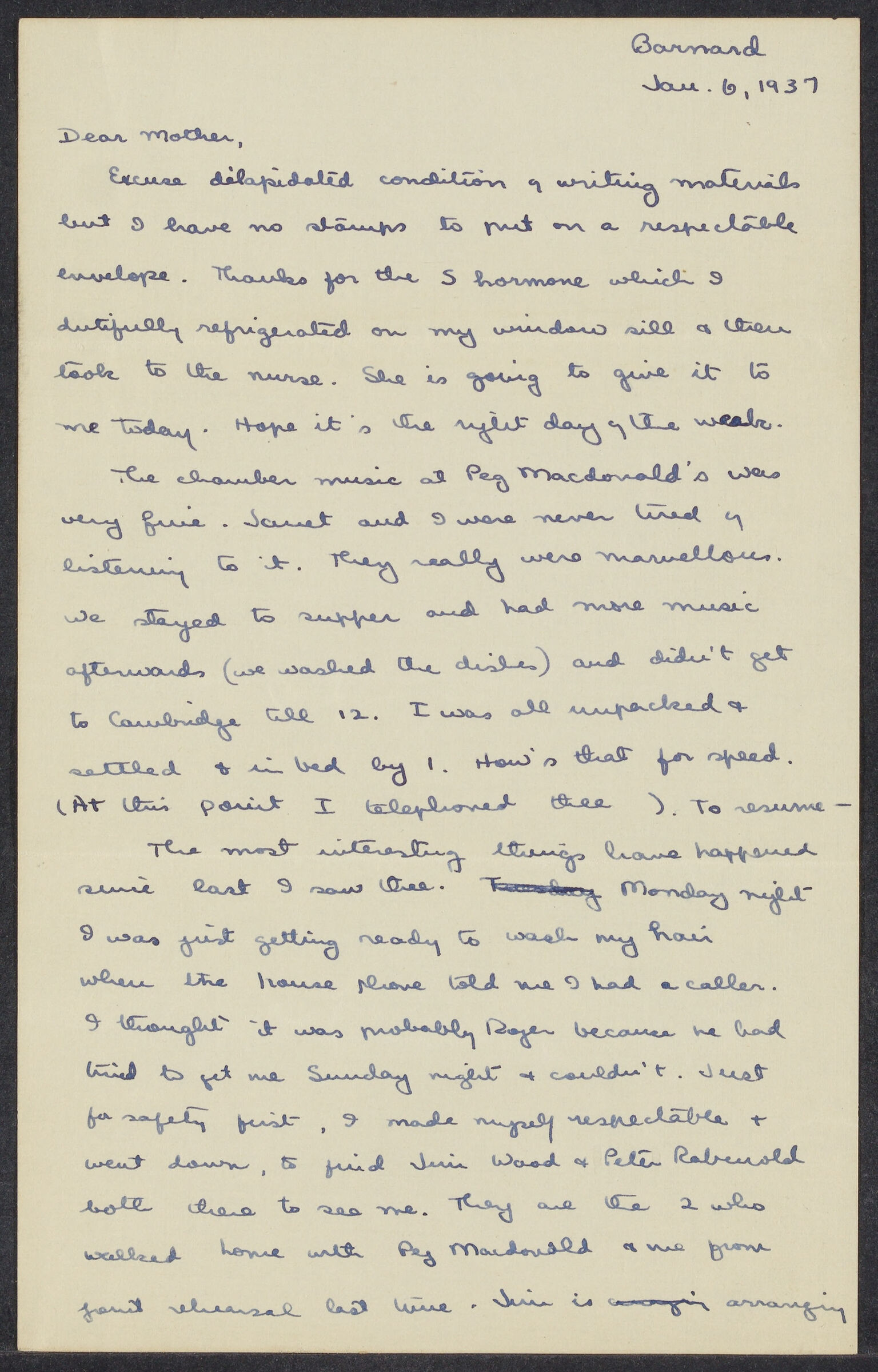 Letters from Margaret Brooks Morse to Eleanor Stabler Brooks, Charles Franklin Brooks, and siblings, 1937