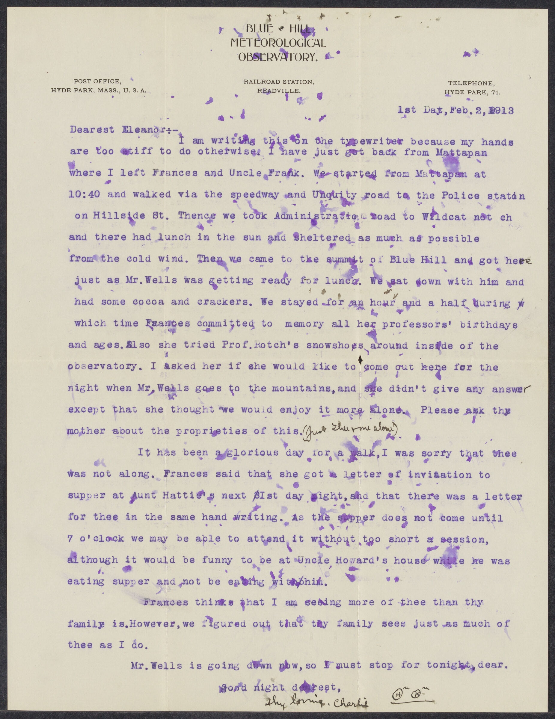 Letters from Charles Franklin Brooks to Eleanor Stabler Brooks, February 1913