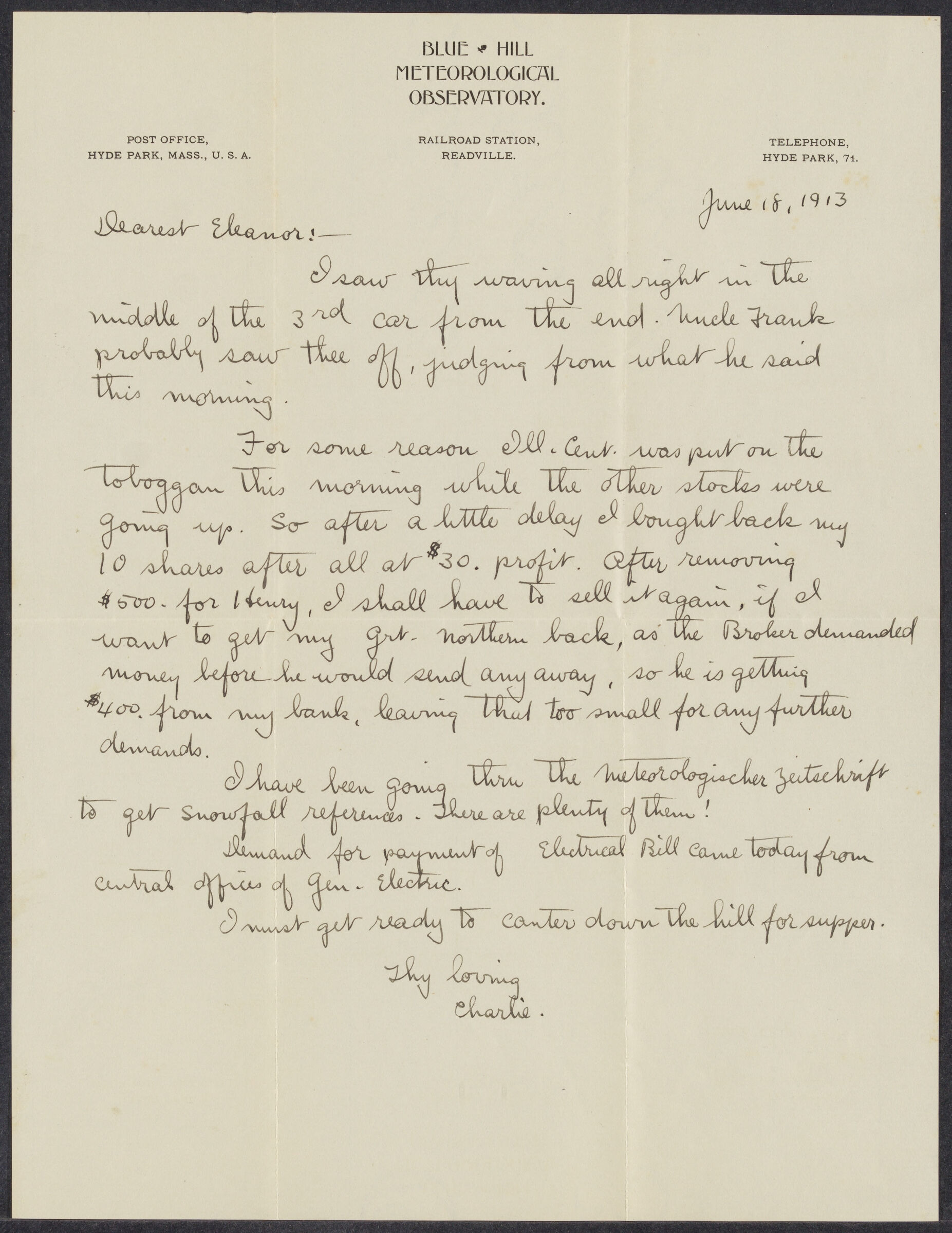 Letters from Charles Franklin Brooks to Eleanor Stabler Brooks, June 1913