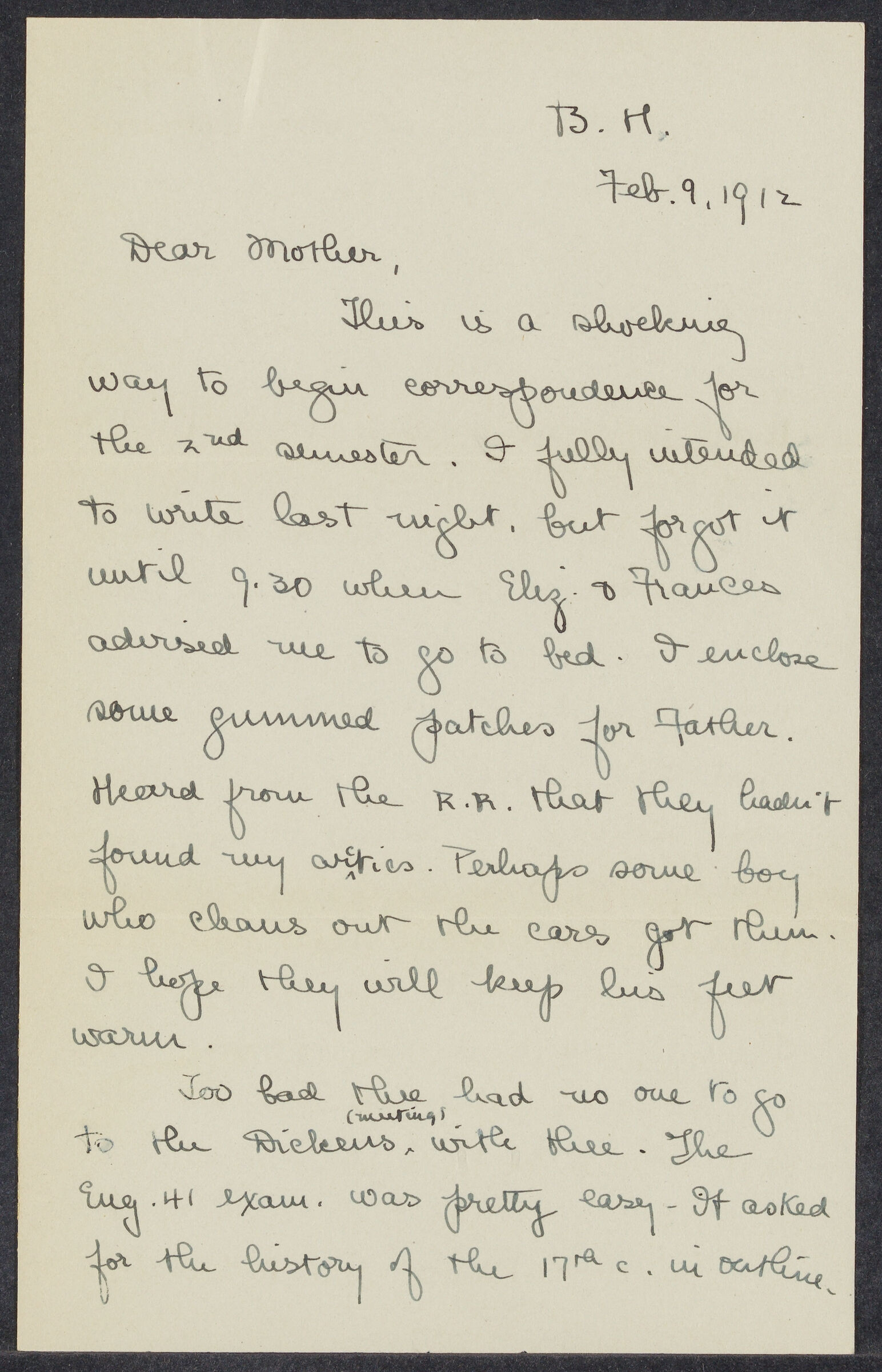 Letters from Eleanor Stabler Brooks to her parents, February 1912