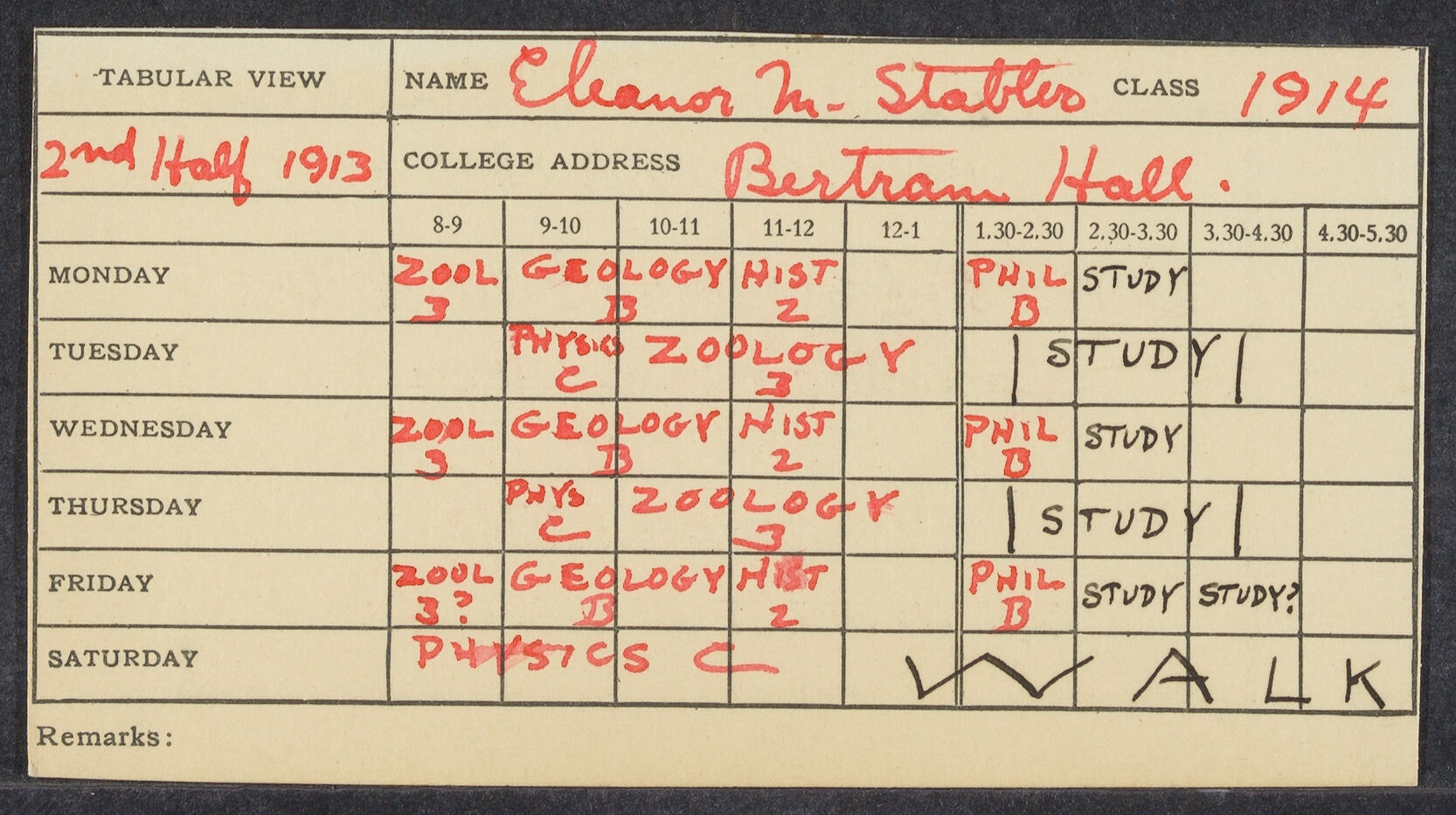 Eleanor Stabler Brooks's grades and note from her Uncle Howard Parker, professor of Zoology, 1914