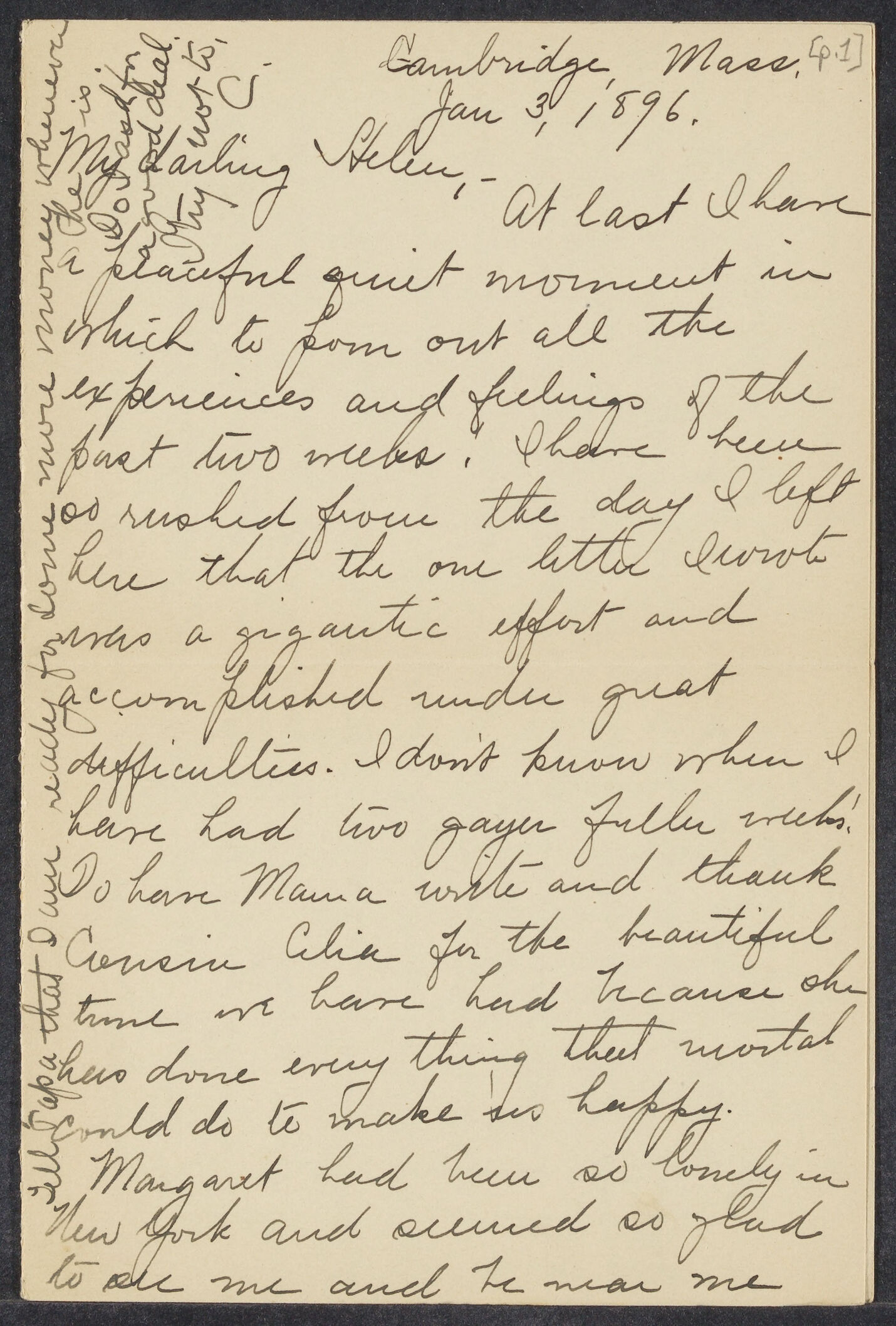 Letters from Cornelia James Cannon to her aunt, parents and siblings, January 1896-February 1897