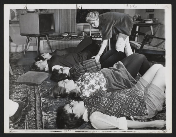 Three images of Elisabeth Bing and her students during a Lamaze class