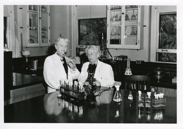 Portrait of Rachel Fuller Brown and Elizabeth Lee Hazen in their laboratory.