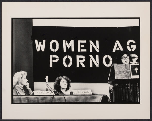 Shere Hite, Susan Brownmiller, and Andrea Dworkin (speaking) at pornography speak out