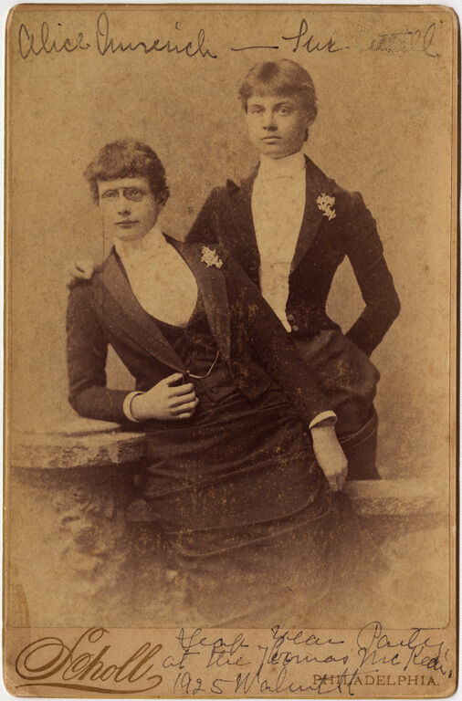 Formal portrait of Alice Iungerich and Susan Morris Littell dressed for a leap year party