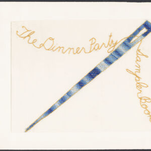 Needlework of a threaded blue needle on white ground where the thread forms cursive text in yellow