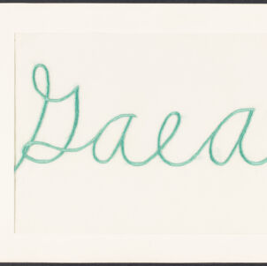 Green needlework of the word Gaea on a white ground