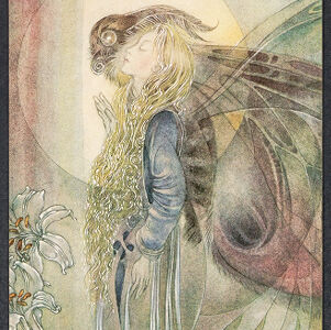 Illustration of a woman with long blonde hair standing in profile with her eyes closed with a human-sized moth by her side