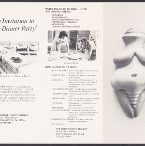 Black-and-white printed invitation with three photographs: a detail of a triangular table lined with place settings, two women leaning over a table, and a sculpture of a voluptuous female figure