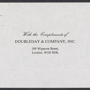 Printed piece of paper that reads With the compliments of Doubleday & Company, Inc 10o Wigmore Street, London, W1H 9DR