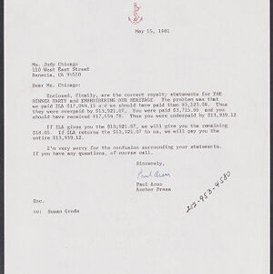 Typewritten letter on Doubleday letterhead to Judy Chicago from Paul Aron