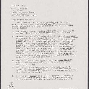 Typewritten letter on The Dinner Party Project letterhead to Loretta Barrett and Angela Cox from Judy Chicago
