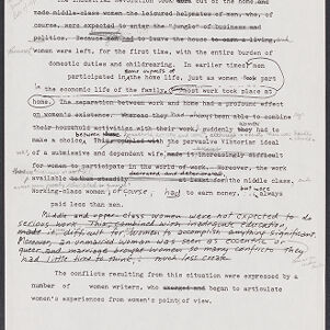 Typewritten page about Emily Dickinson with multiple handwritten annotations in pencil and ink