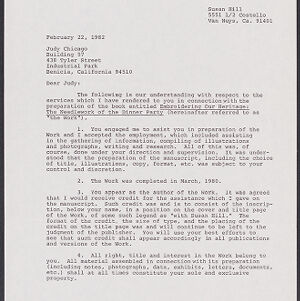 Typewritten letter of agreement between Susan Hill and Judy Chicago