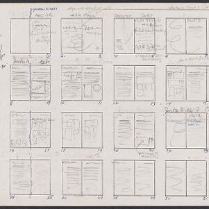 Hand drawn diagram of the layout of book pages over a printed template with handwritten annotations