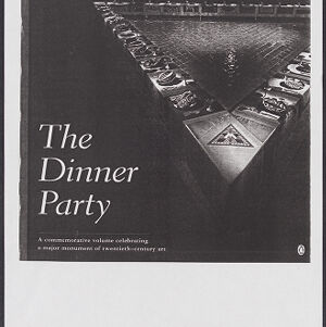 Black-and-white image of a book cover for The Dinner Party featuring an overhead view of tables with individual place settings arranged in a triangle