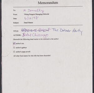 Printed memo to M Donnelly with handwritten annotations about returning a manuscript to Judy Chicago