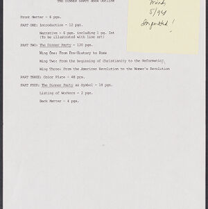 Typewritten outline of The Dinner Party book with handwritten annotations on an attached sticky note
