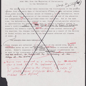 Typewritten page about Wing two with handwritten annotations in black and red Most of the text is crossed out
