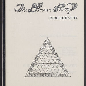 Printed title page for The Dinner Party Bibliography with a line drawing of the triangular layout of the installation