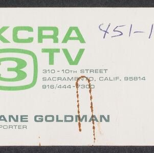 Business card for Jane Goldman from KCRA 3 TV with handwritten annotation