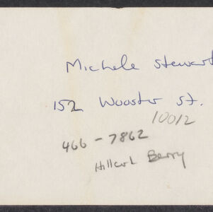 Handwritten card with contact information for Michele Stewart and other annotations