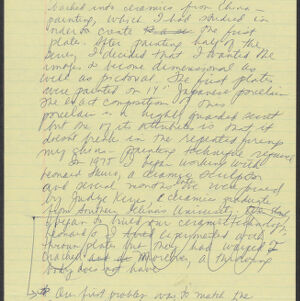 Handwritten note on yellow, ruled paper about the process of creating The Dinner Party