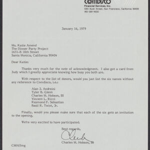 Printed letter to Katie Amend from Charles M Hobson, III on Comdisco letterhead