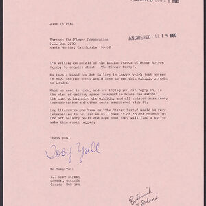 Typewritten letter on pink paper to Through the Flower Corporation from Toby Yull