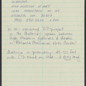 Handwritten notes on yellow lined paper about the High Museum of Art