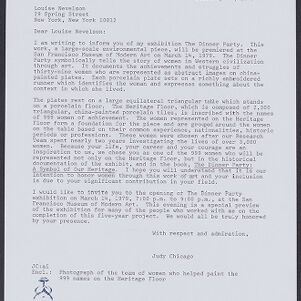 Typewritten sample letter on The Dinner Party Project letterhead to Louise Nevelson from Judy Chicago