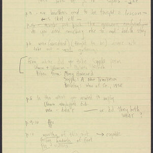 Handwritten page of notes on yellow ruled paper about individual book pages