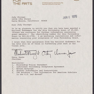 Typewritten letter to Judy Chicago from Nancy Hanks on National Endowment for the Arts letterhead