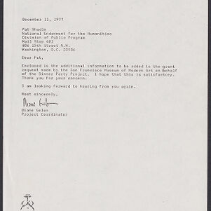 Typewritten letter to Pat Shadle from Diane Gelon on The Dinner Party Project letterhead