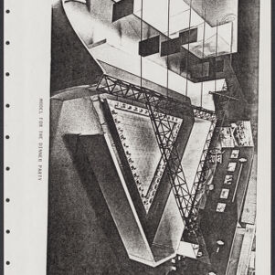 Black-and-white photocopy of a photograph of a model of The Dinner Party installation, an overhead view of a triangular table, open in the center, surrounded by walls and rigging for lighting above