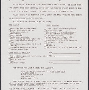 Typewritten page with handwritten heading and a request for donations and volunteers for the Boston installation of The Dinner Party