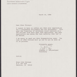 Typewritten letter to Judy Chicago from Stephen L Schlesinger on John Simon Guggenheim Memorial Foundation letterhead