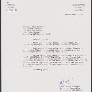 Typewritten letter to Mary Ross Taylor from Jean-Marie Guehenno on Ambassade de France letterhead