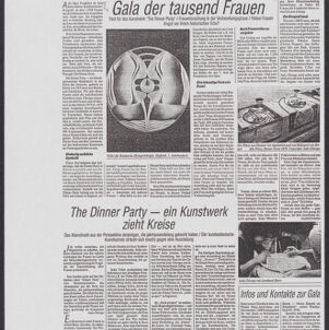 Photocopy of articles written in German about The Dinner Party