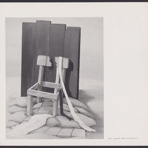 Book page with a black and white drawing of a broken chair draped with pieces of fabric perched on sandbags in front of a portion of fence