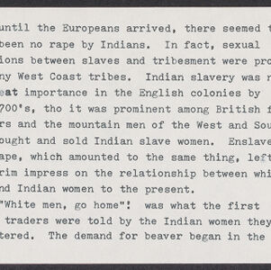 Typewritten note card about rape in colonial America