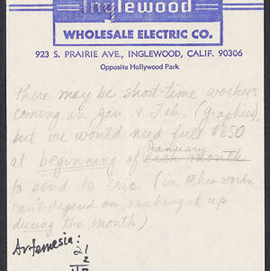 Handwritten note on printed note paper from Inglewood Wholesale Electric Co