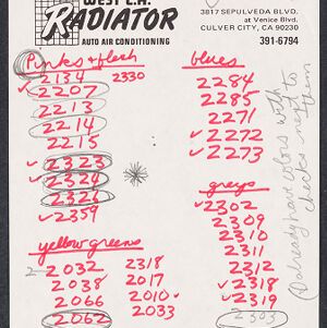 Handwritten lists of numbers in red ink with annotations in pencil on West LA Radiator letterhead