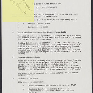 Typewritten page with exhibition specifications where the top left corner is obscured by an annotated yellow sticky note