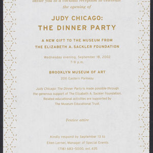 Printed opening invitation in gold ink on white paper with a decorative pattern of triangles around the borders