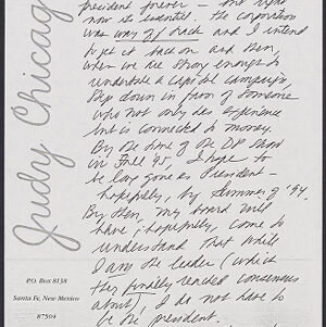 Handwritten letter to Diana on Judy Chicago letterhead